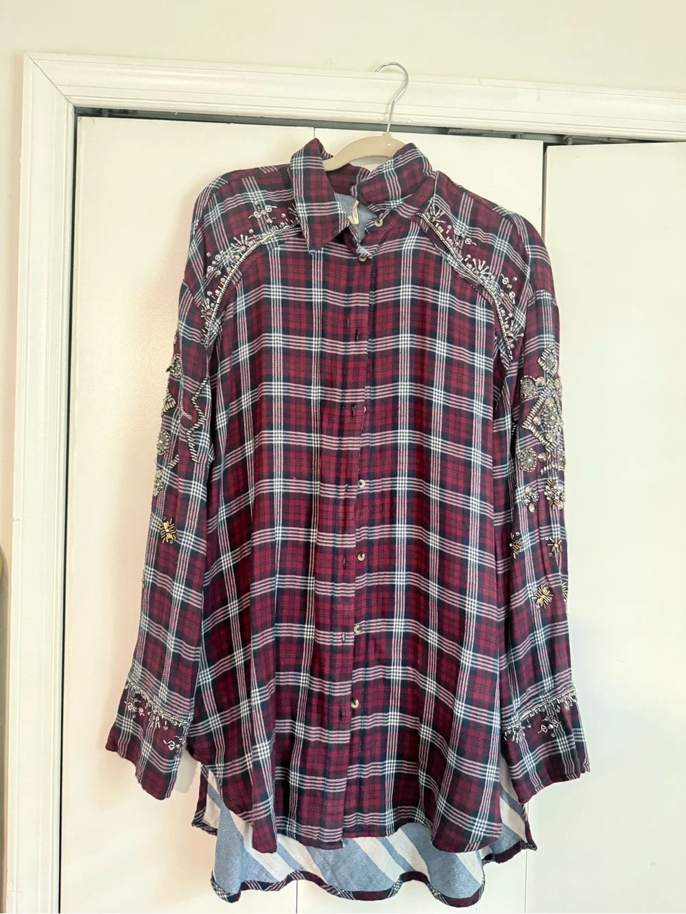 Free People Downtown Romance Embellished Plaid Button Down Shirt